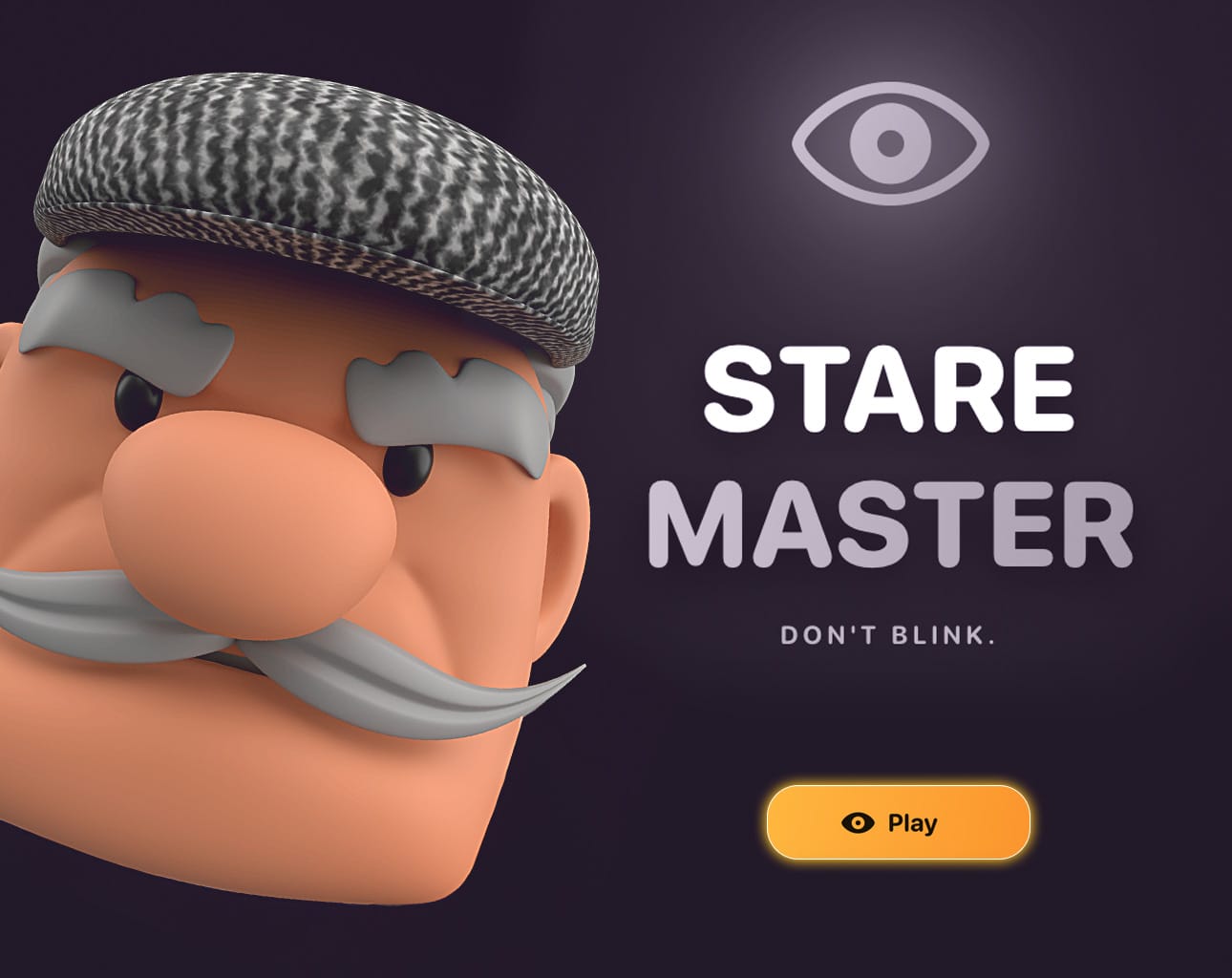Stare Master. Don't blink. A 3D cartoon man in a flat cap stares out next to a Play button.