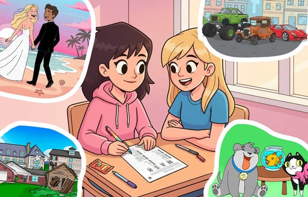 Illustration of two friends playing MASH surrounded by possible scenarios in dream clouds