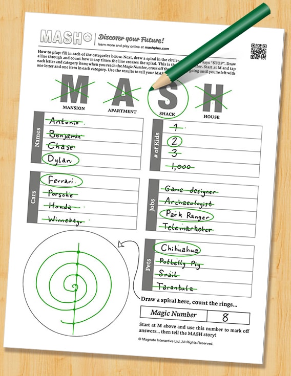 Black and white printable MASH game worksheet preview