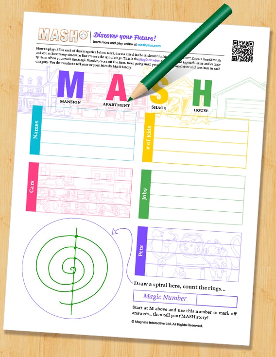 Full color printable MASH game worksheet preview