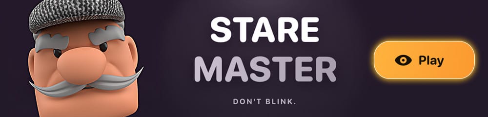 Stare Master. Don't blink. A 3D cartoon man in a flat cap with a big moustache stares out, next to a Play button.